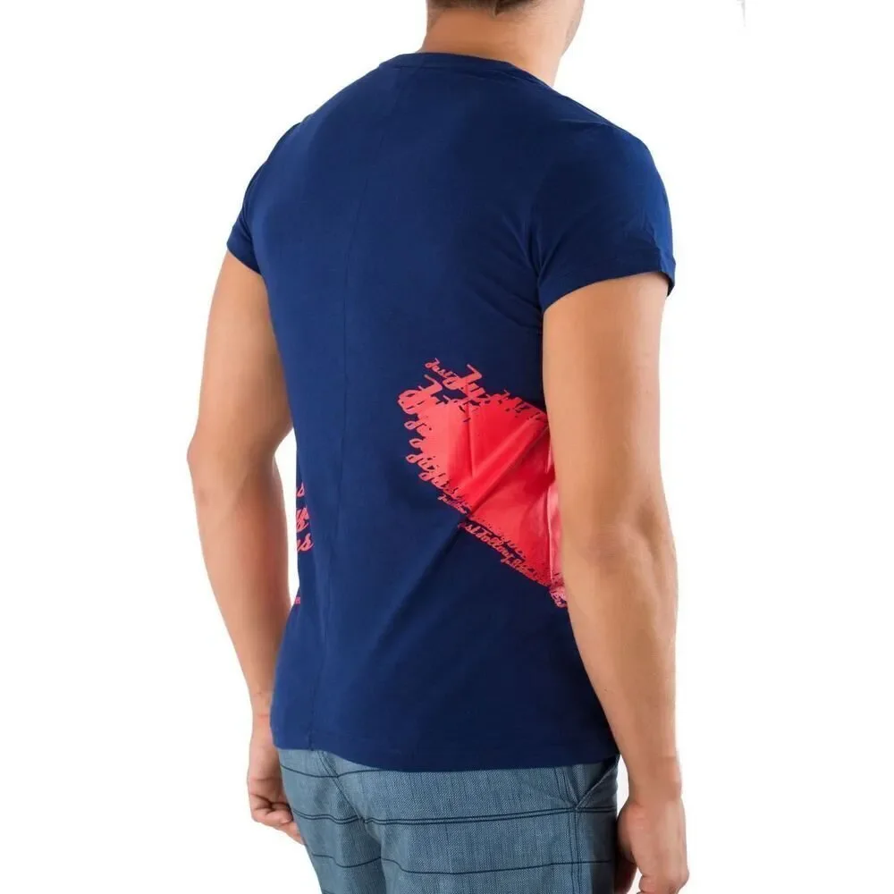 New Just Cavalli Men XS / 46 Navy Blue T-Shirt Red Print V-Neck Top Cotton - Picture 4 of 5